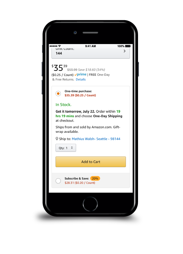 Mobile web example of finished buy box treatment with subscribe and save and regular buy option.